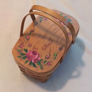 Handpainted Wooden Basket with Pink Rose Motif